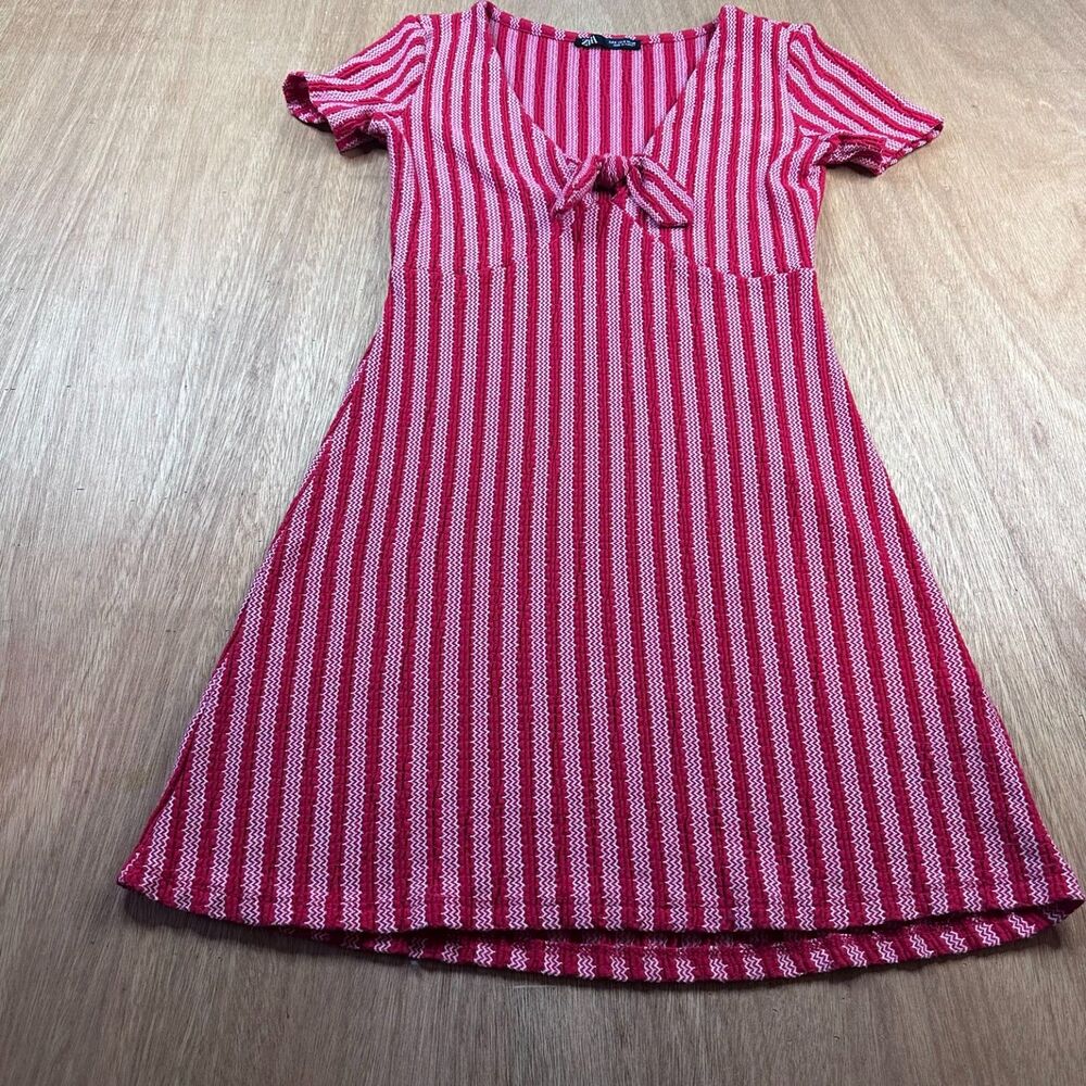 Zara Dress Womens Small Red White Striped Knit Tie Front Short Sleeve